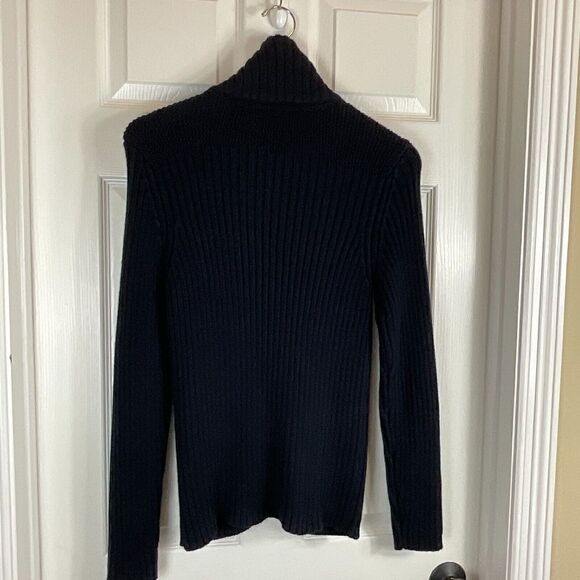 Talbots Sz M Navy Blue Cardigan Pima Cotton Chunky Knit Sweater Gold Buttons N1 - Picture 7 of 12